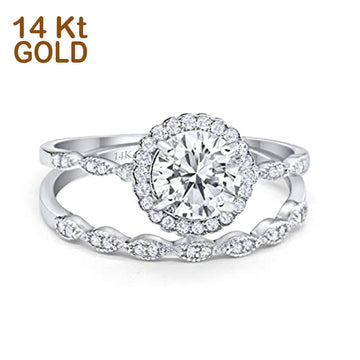 14K White Gold Two Piece Round Wedding Ring Bridal Set Band Engagement Simulated CZ Size-7